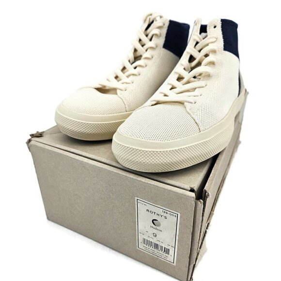 New Rothy's High Tops Mens 9 Hudson Rothys Shoes Off White Navy Blue - Picture 1 of 9